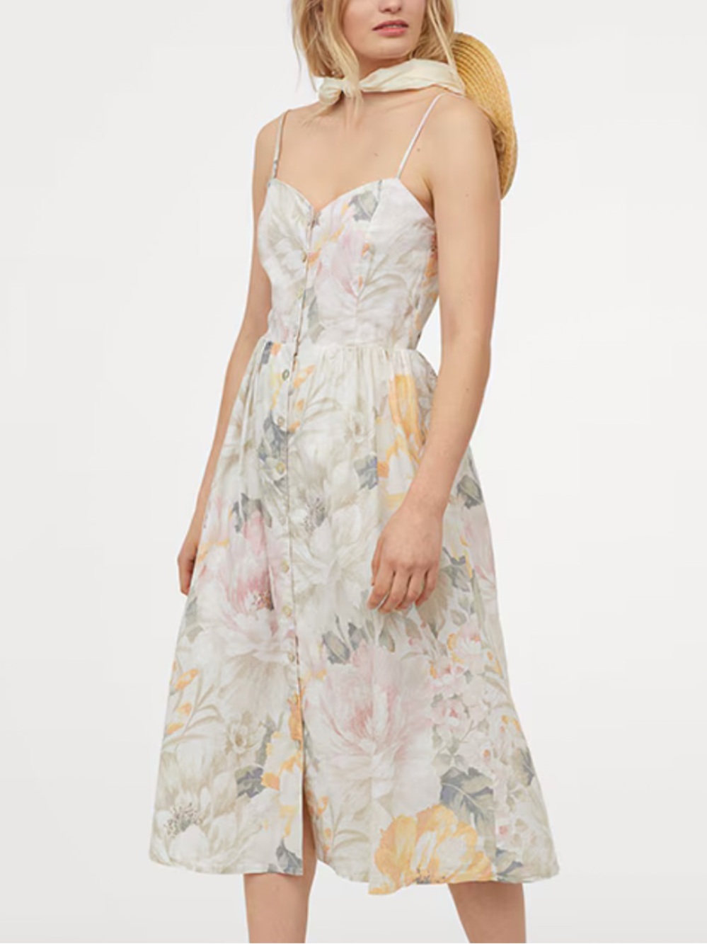 H&M Linen Cotton Blend Off-White Floral Pastel Midi Dress Summer Sundress